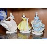 THREE COALPORT LADIES OF LEISURE FIGURINES, 'Evening Stroll' 7/89, 'Precious Moments' 8/89 and 'Bell