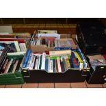 FIVE BOXES OF BOOKS, MAGAZINES, LP'S, SINGLES, DVDS, etc, including locomotive interest, Ordnance