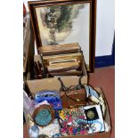TWO BOXES AND LOOSE COSTUME JEWELLERY, PRINTS, METALWARES, ETC, including crocheted doilies, duck