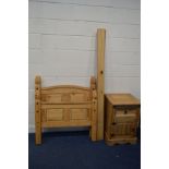 A MODERN CORONA PINE SINGLE BED FRAME, with side rails and slats along with a matching bedside