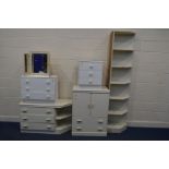 A SELECTION OF WHIUTE/CREAM BEDROOM FURNITURE, to include a tallboy, two chest of three drawers,