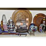 A GROUP OF VICTORIAN AND LATER CERAMICS, METALWARES, TREEN, ETC, including an indoor water