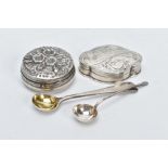 TWO SILVER SALT SPOONS AND TWO PILL BOXES, the first salt spoon with a gilt bowl, hallmarked