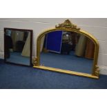 A MODERN GILT WOOD OVERMANTEL MIRROR, 120cm x 93cm and an Edwardian mahogany wall mirror (2)