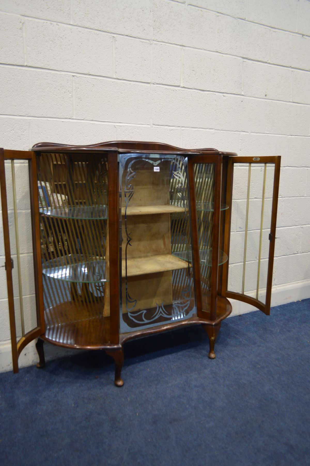 A 1940'S MAHOGANY CHINA CABINET, with a central glass front with two shelves, flanked by single - Image 2 of 3