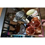 A BOX OF METALWARES, CERAMICS, etc, including a pair of orange carnival glass vases, Wedgwood pale