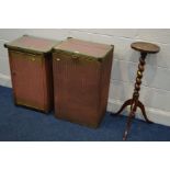 A PINK AND GILT LLOYD LOOM WICKER TWO PIECE SET, comprising a linen basket and bathroom cabinet,