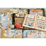 UNTIDY ACCUMULATION OF STAMPS IN A BOX, often in? Kiloware, but with mid period in strand album