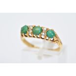 AN EARLY 20TH CENTURY 18CT GOLD TURQUOISE AND DIAMOND RING, designed with a row of three cabochon
