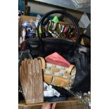 A BOX OF LADIES HANDBAGS AND CLUTCH BAGS, leather gloves, head scarves, etc