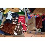 FOUR BOXES OF VARIOUS HANDBAGS, SCARVES, PURSES, LINEN, VASE, etc to include a wicker cylindrical