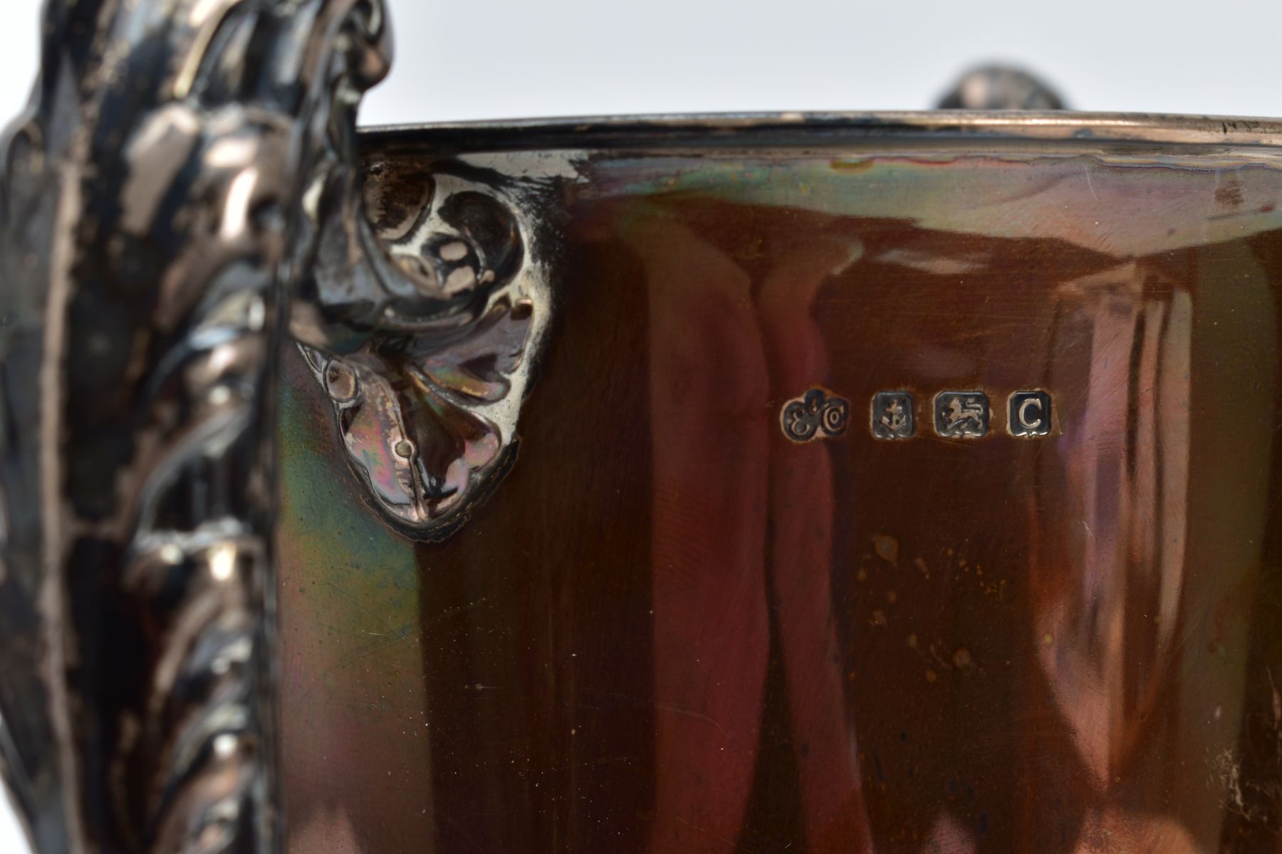 A SILVER TROPHY CUP WITH BASE, of a plain polished design, foliate scroll handles, engraved 'Fox and - Image 4 of 4