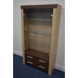 A MODERN GLAZED TWO DOOR DISPLAY CABINET, with two drawers, width 100cm x depth 34cm x height 182cm