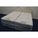 TWO RELYONE SINGLE DIVAN BEDS, mattresses and headboards (missing one caster)