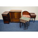 A MODERN MAHOGANY TWO DOOR CABINET, together with a pair of small open bookcases, nest of three