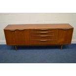 A SUTCLIFFE S-FORM TEAK SIDEBOARD, double cupboard doors and a fall front door flanking four