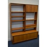 A G PLAN TEAK OPEN BOOKCASE, the double section top with double cupboard doors, adjustable