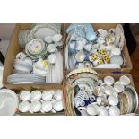 FOUR BOXES OF TEAWARES, DINNERWARES AND TWO ROYAL DOULTON 'REGENTS PARK' CASSEROLE DISHES (no lids/