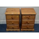 A PAIR OF MODERN PINE THREE DRAWER BEDSIDE CHESTS