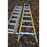 AN ALUMINIUM TRIPLE EXTENSION LADDER, together with a tall yellow and blue finish step ladder (2)