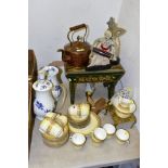 A LATE VICTORIAN PALE YELLOW BONE CHINA PART TEA SET, brass trivet, a copper kettle with acorn