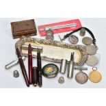 A SELECTION OF ITEMS, to include a silver candle snuffing tray, with an engraved monogram to the