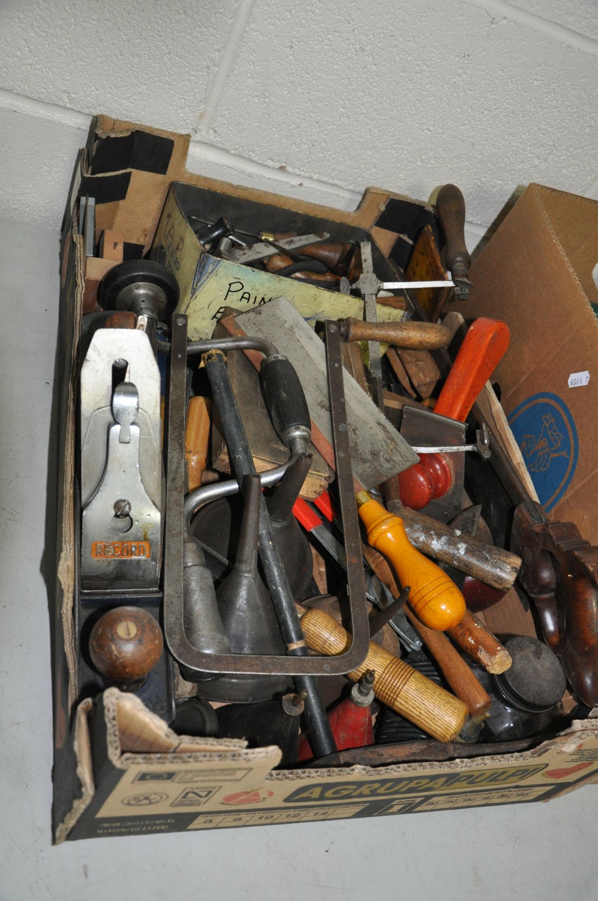 TWO TRAYS CONTAINING WOODWORKING TOOLS including a Record No 05 plane, chisels, awls, brace, saws, - Image 2 of 3