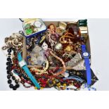 A COLLECTION OF ASSORTED COSTUME JEWELLERY, mostly bead necklaces, various coloured glass, wooden,