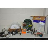 A SELECTION OF POWER TOOLS AND ELECTRICALS including a Bosch circular saw, a Black and Decker 4''