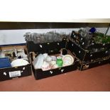 SEVEN BOXES OF ASSORTED GLASSWARE to include recycled glass rummers, dessert dishes, wine glasses,