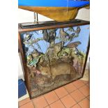 TAXIDERMY - A LATE VICTORIAN GLAZED CASE CONTAINING A DISPLAY OF BIRDS AND ANIMALS, including a