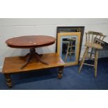 A MODERN HARDWOOD COFFEE TABLE on bulbous turned legs, together with an oval pedestal coffee