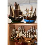 TEN WOODEN MODEL GALLEONS, CLIPPERS, etc, some with name plaques to bases, including Cutty Sark, The