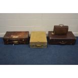 A VINTAGE BROWN LEATHER SUITCASE with travel labels, together with a cream ladies suitcase,