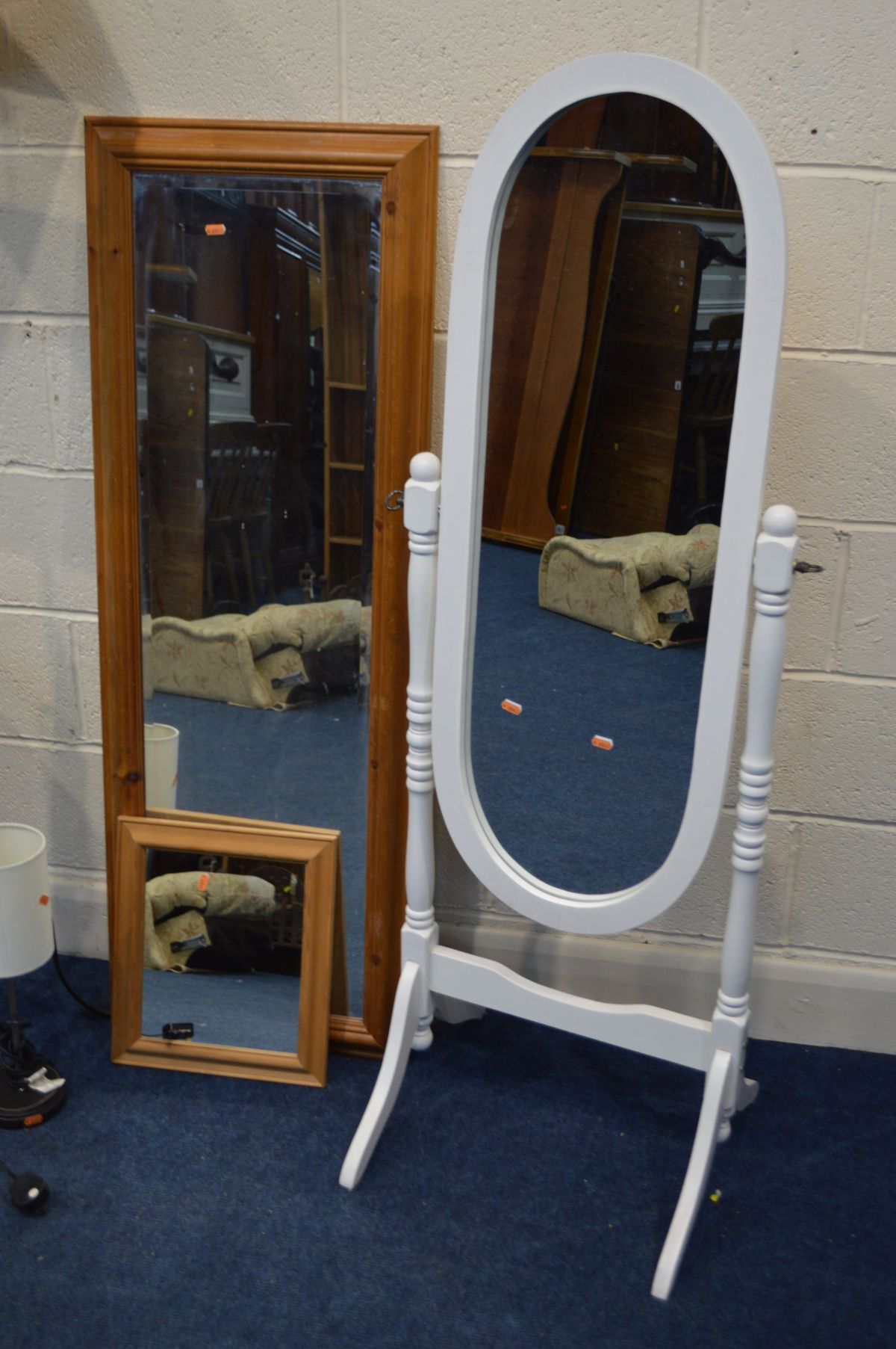 A WHITE PAINTED CHEVAL MIRROR, together with a wicker folding table, wrought iron standard lamp, - Image 2 of 3