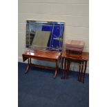 A CHERRYWOOD SOFA TABLE, together with a nest of three tables, modern wall mirror and a footstool (
