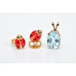 A PAIR OF YELLOW METAL EARRINGS AND A PENDANT, each earring in the form of a ladybird with red and