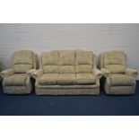 A FLORAL UPHOLSTERED THREE PIECE LOUNGE SUITE, comprising a three seater settee and two manual