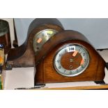 TWO CIRCA 1930'S OAK CASED DOME TOP MANTEL CLOCKS, one by Bentima, the other un-named, chiming