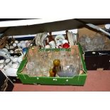 SIX BOXES OF CERAMICS AND GLASSWARE, including a Colclough China tea set, Wade Bells Whisky