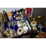 THREE BOXES AND LOOSE ASSORTED ITEMS, to include Bristol Blue glass, Royal Doulton Fair Lady HN2193,