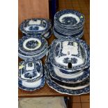 A LATE VICTORIAN BLUE AND WHITE TRANSFER PRINTED PART DINNER SERVICE, rural scenery and floral