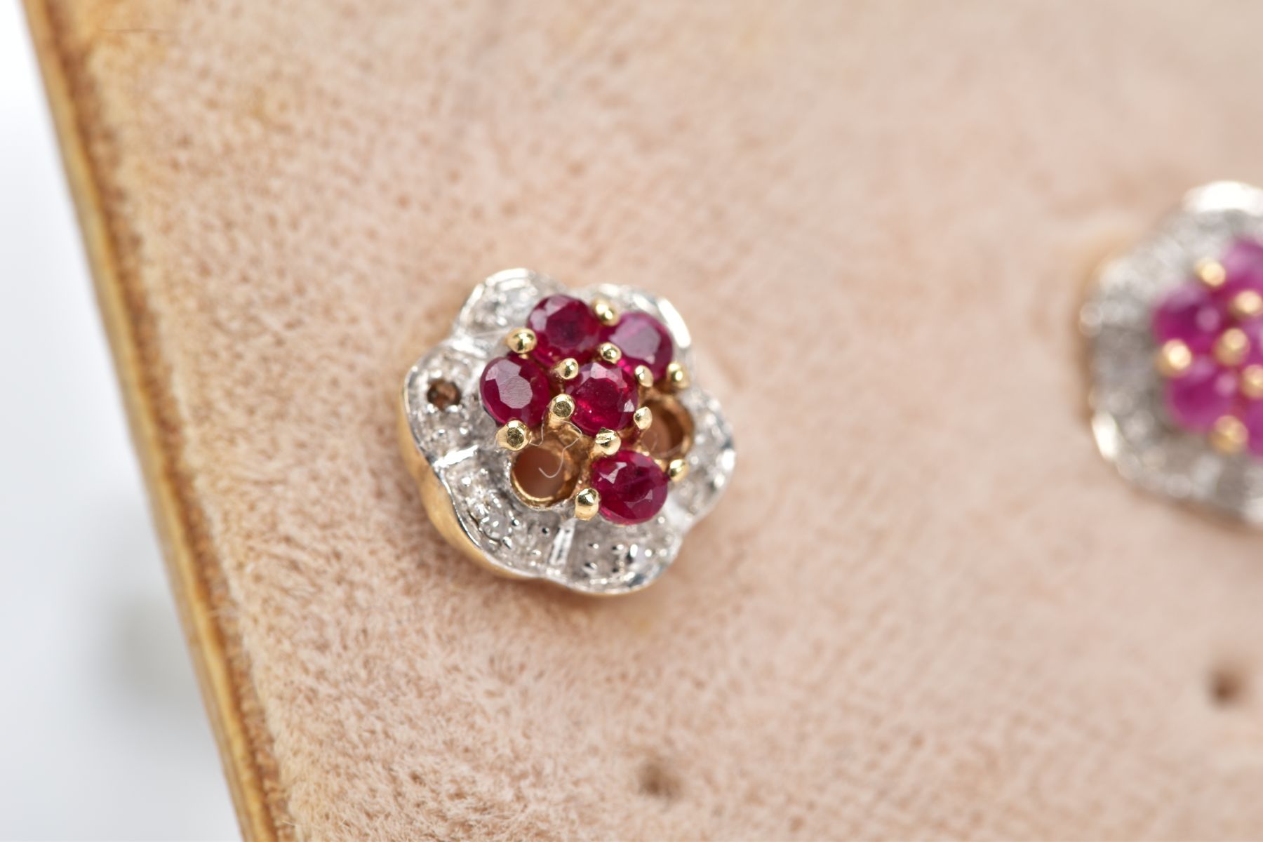 A PAIR OF 9CT GOLD RUBY AND DIAMOND EARRINGS, each of a flower design set with circular cut - Image 2 of 3