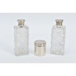 TWO MID-VICTORIAN CUT GLASS SCENT BOTTLES AND PILL BOX, the two cut glass scents, each fitted with