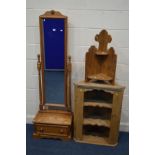 A MODERN PINE CHEVAL MIRROR, with a single drawer, a pine hanging open corner unit, and another
