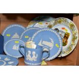 A COLLECTION OF WEDGWOOD PALE BLUE JASPERWARE, including seven boxed Christmas plates (1979, 1983,