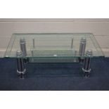 A DECORATIVE GLASS COFFEE TABLE, with a glass undershelf with etched detail, width 119cm x depth