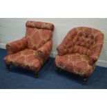 A VICTORIAN RED, GOLD AND FOLIATE UPHOLSTERED DEEP ARMCHAIR, in the manner of Howard and Sons, on