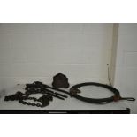 A COLLECTION OF LIFTING AND SECURING EQUIPMENT including three chain tensioner, a chain, a length of