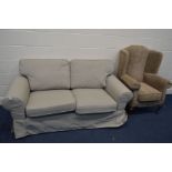 A LIGHT GREY UPHOLSTERED TWO SEATER SETTEE, width 176cm together with a brown upholstered wing